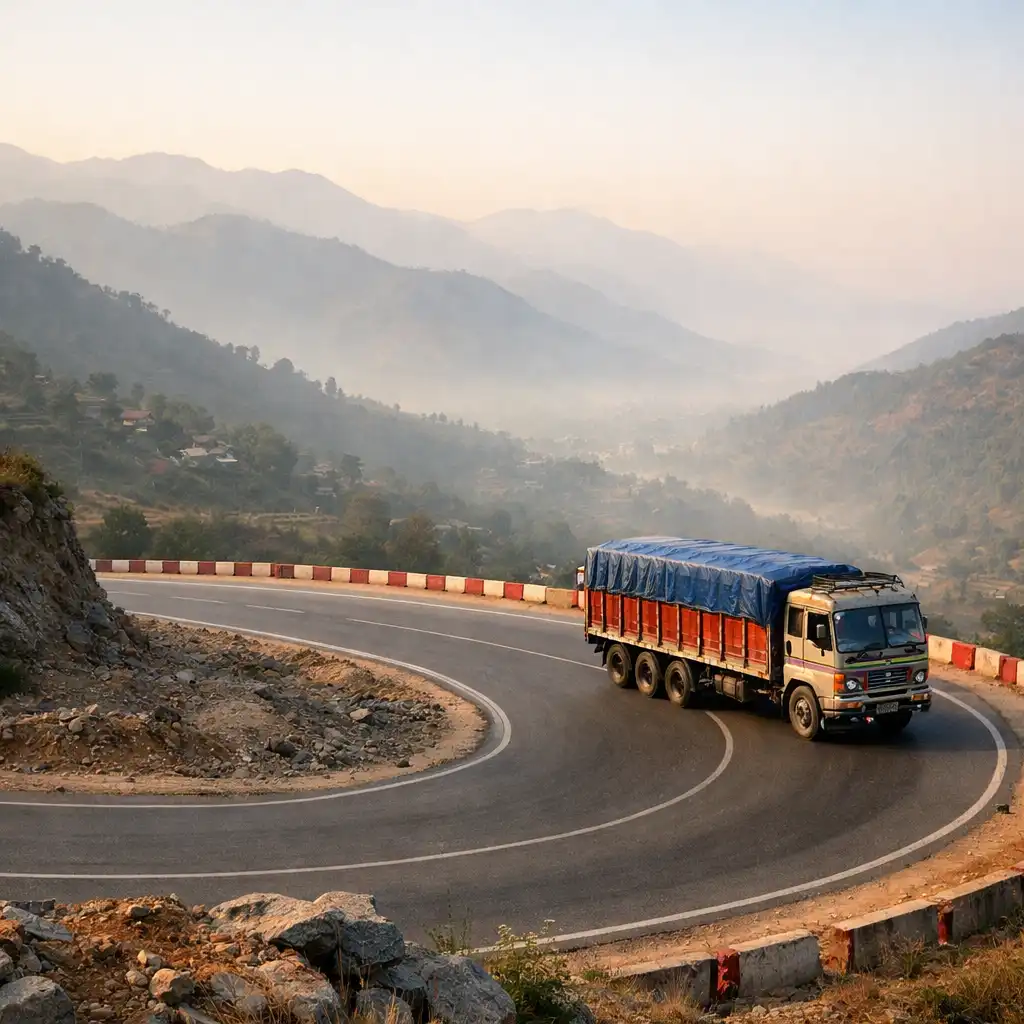 Editorial mountain-road image showing a cargo truck on a winding route