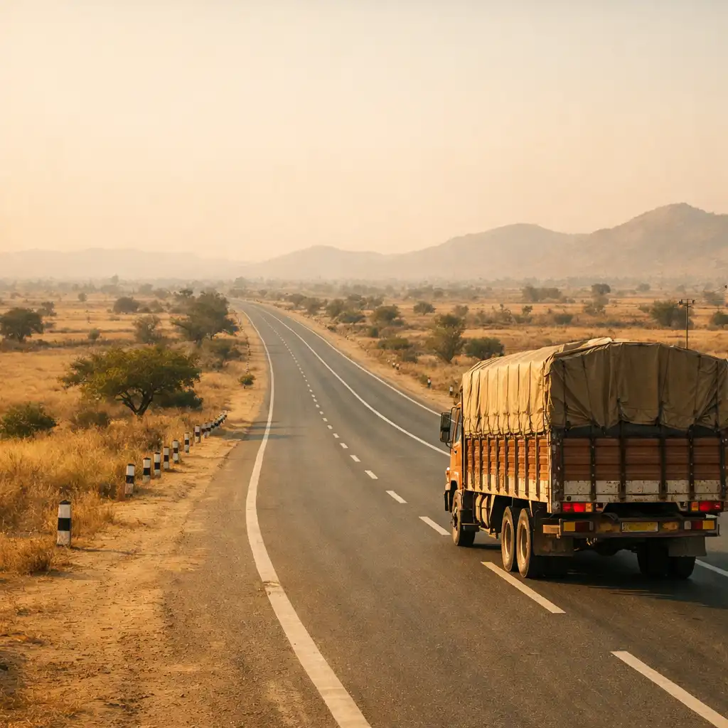 Editorial image of a cargo truck travelling on a broad sun-warmed highway