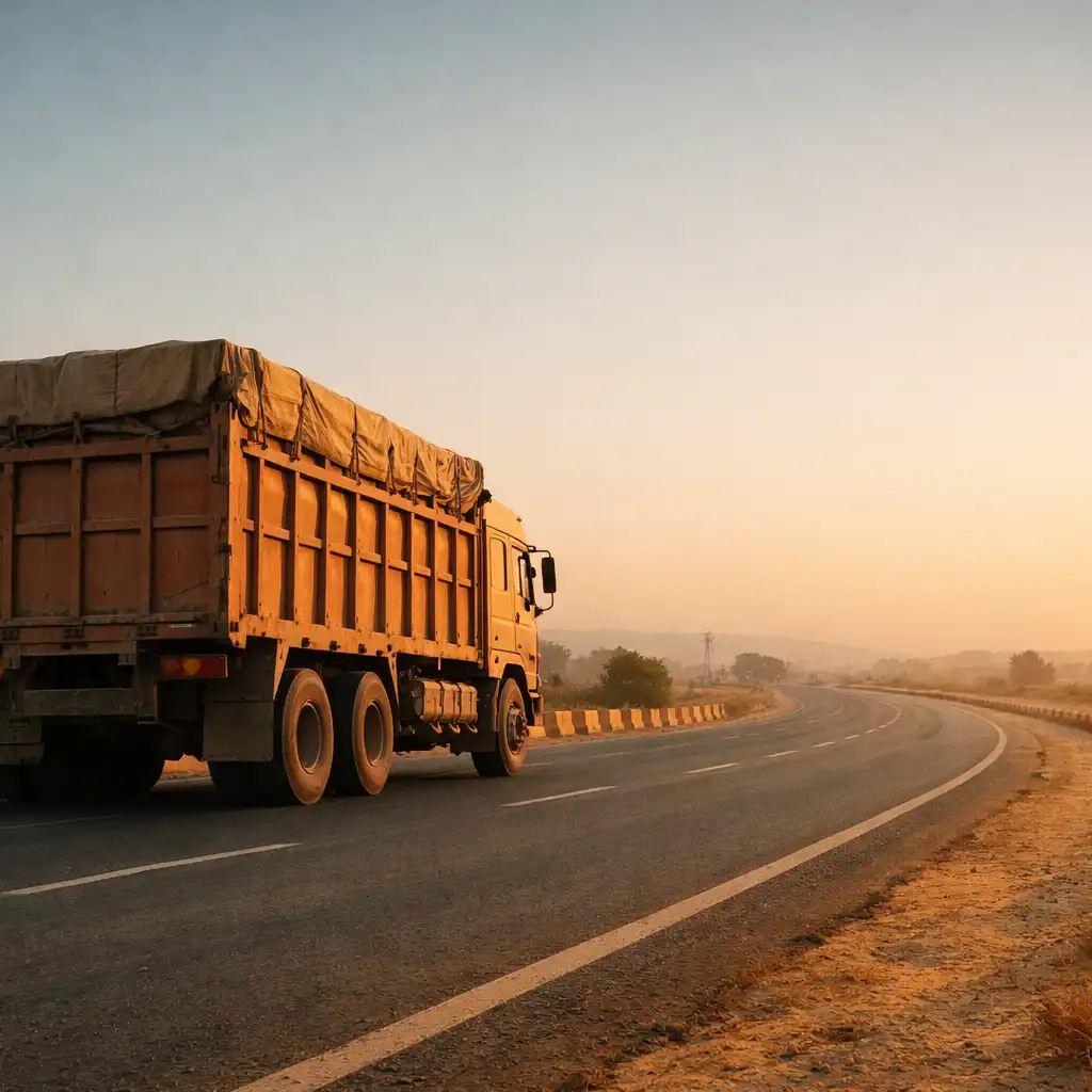 Illustrative generic cargo truck beginning a journey on a broad sunlit road