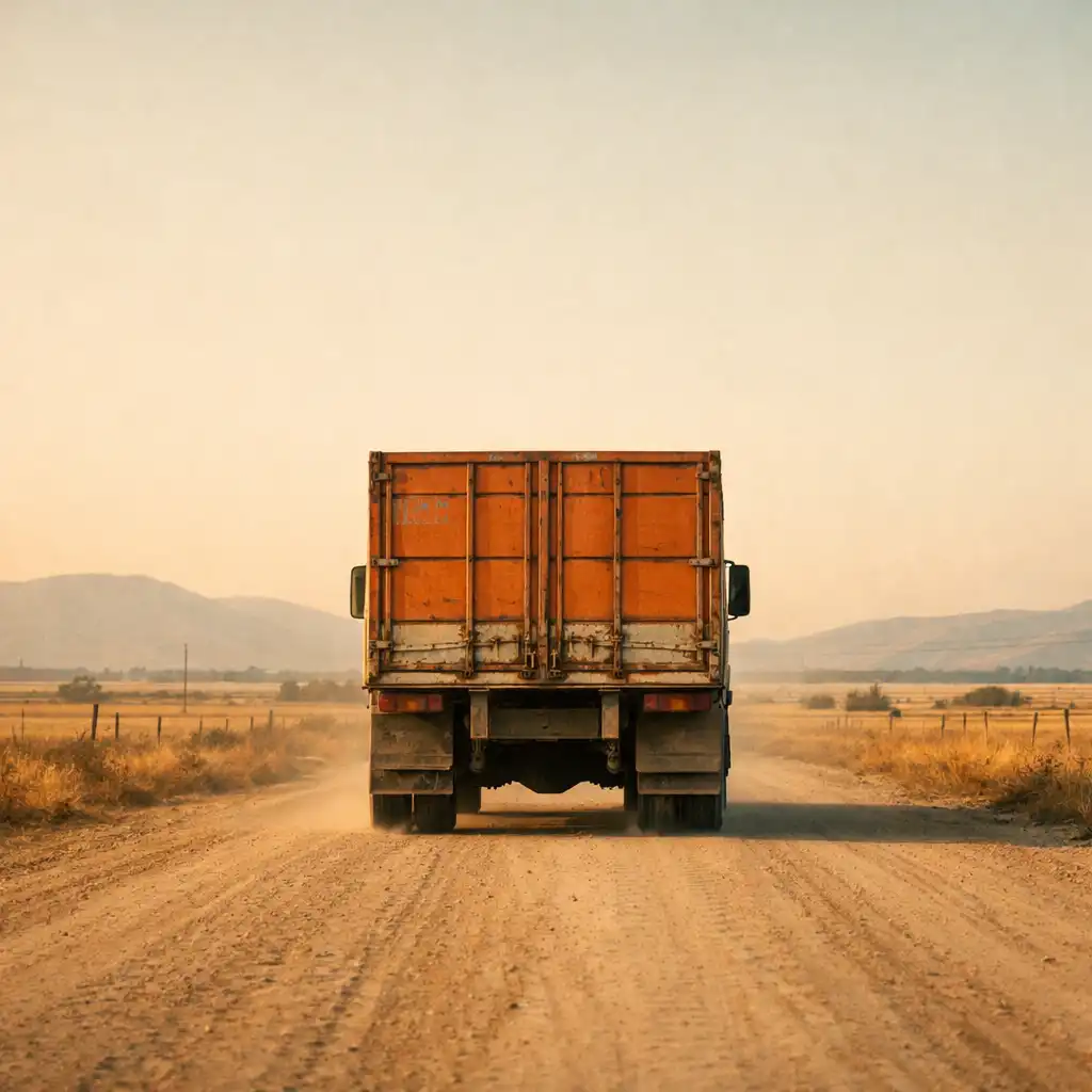 Illustrative generic cargo truck travelling along a dusty rural road toward low hills