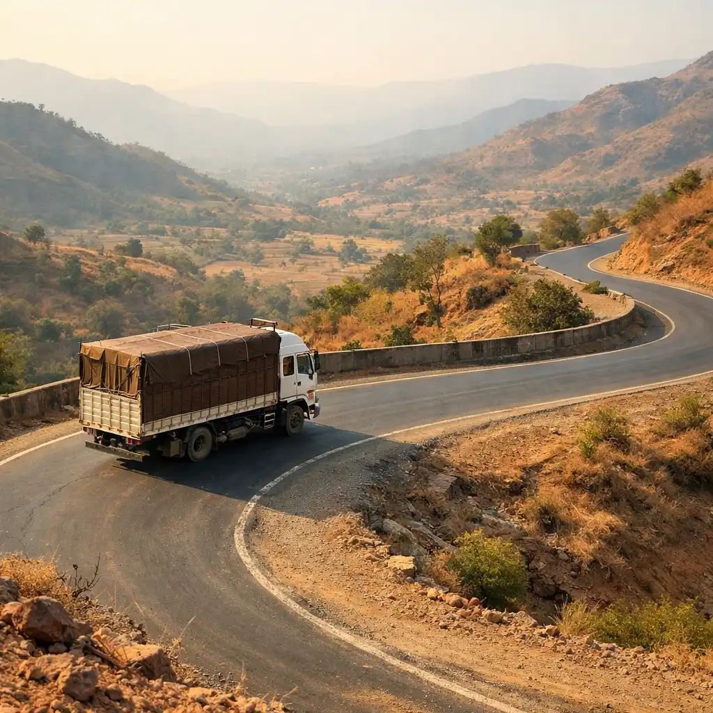 Illustrative generic cargo truck following a curving road through hills