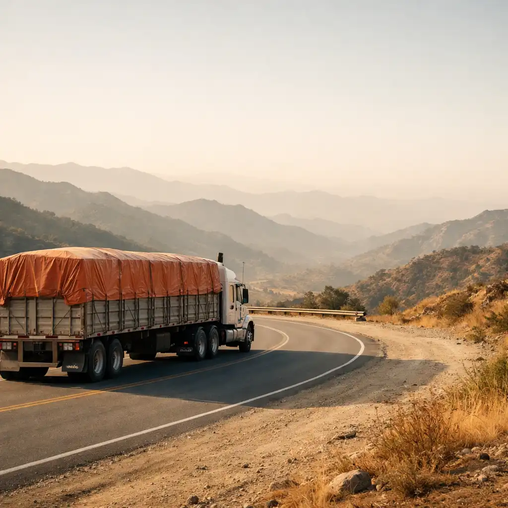 Editorial road context of a loaded freight truck on a winding mountain road.