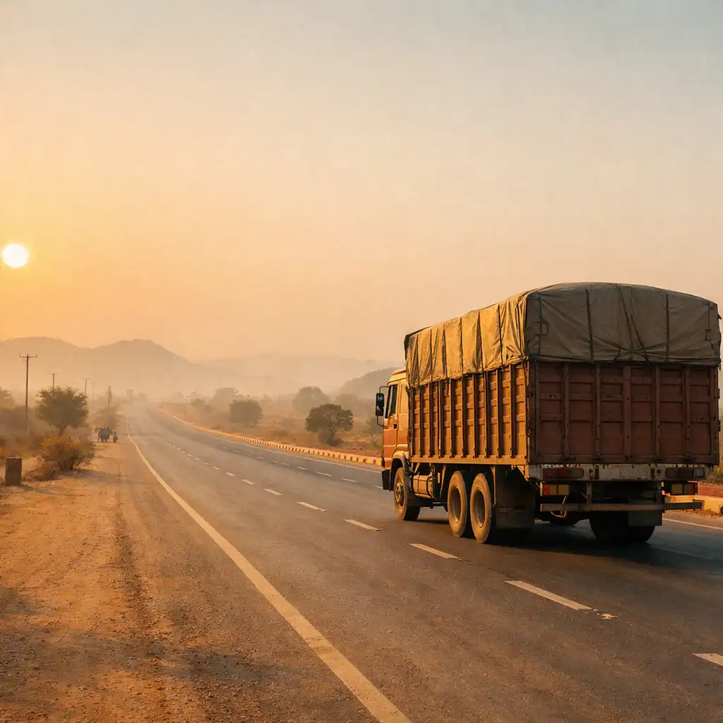 Editorial illustration of a cargo truck travelling on a broad road
