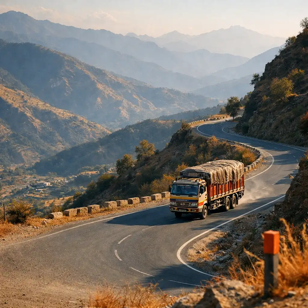 Editorial illustration of a loaded cargo truck on a winding mountain road