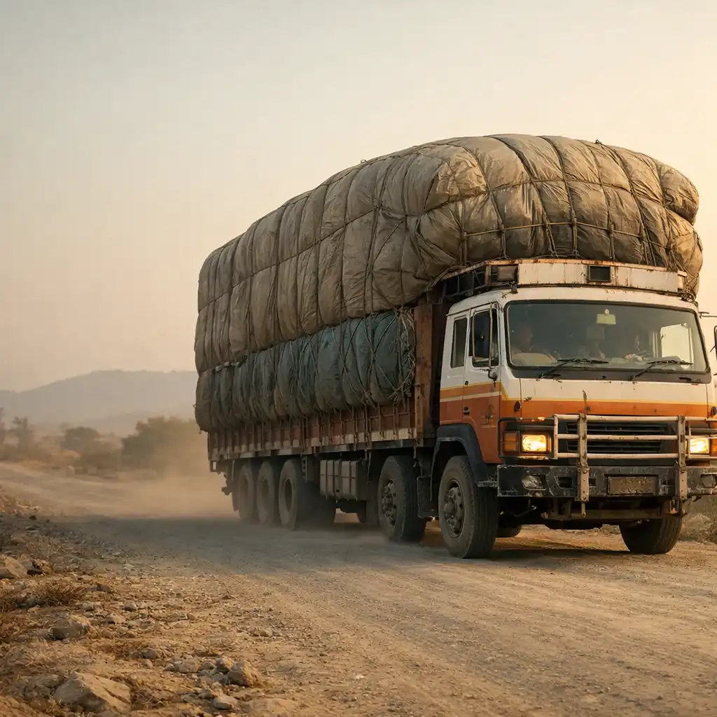 Editorial image of a freight truck carrying a covered heavy load on a dusty road