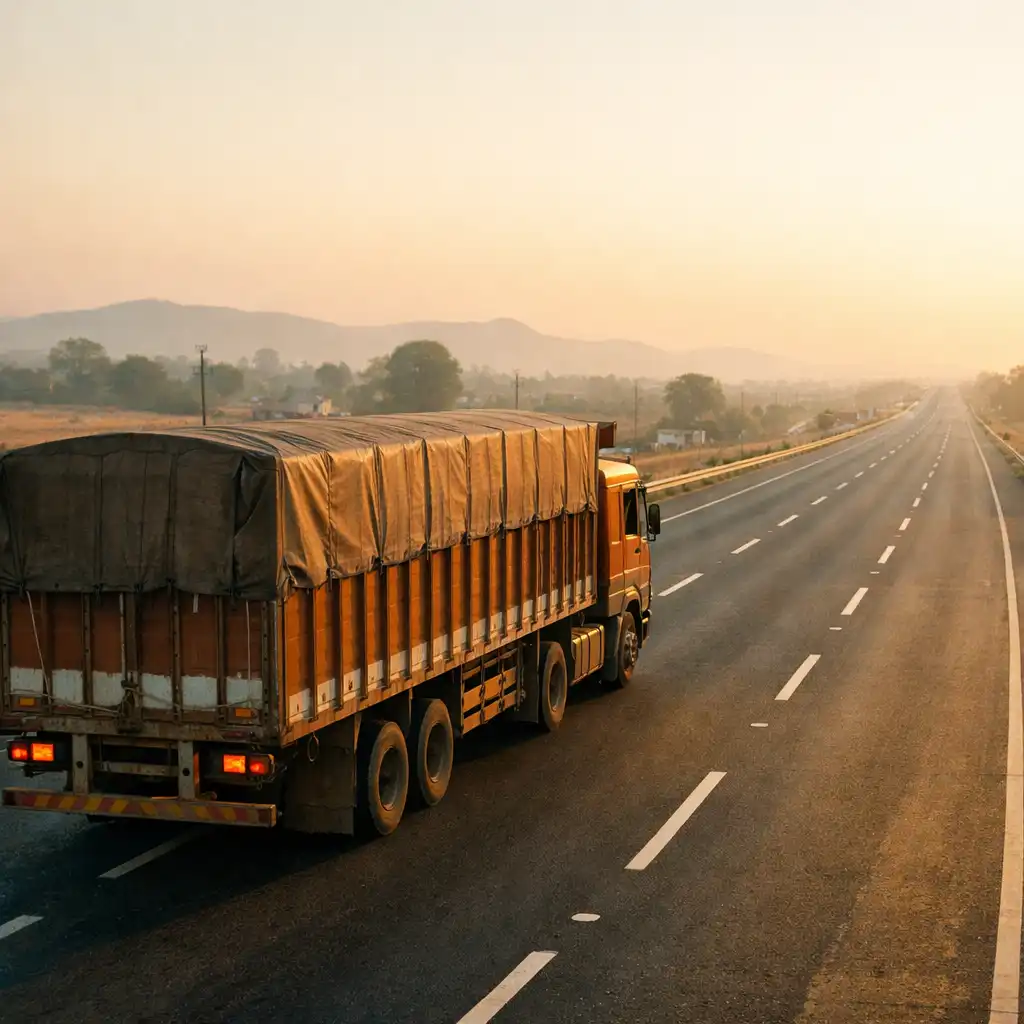 Editorial image of a cargo truck travelling along a broad highway