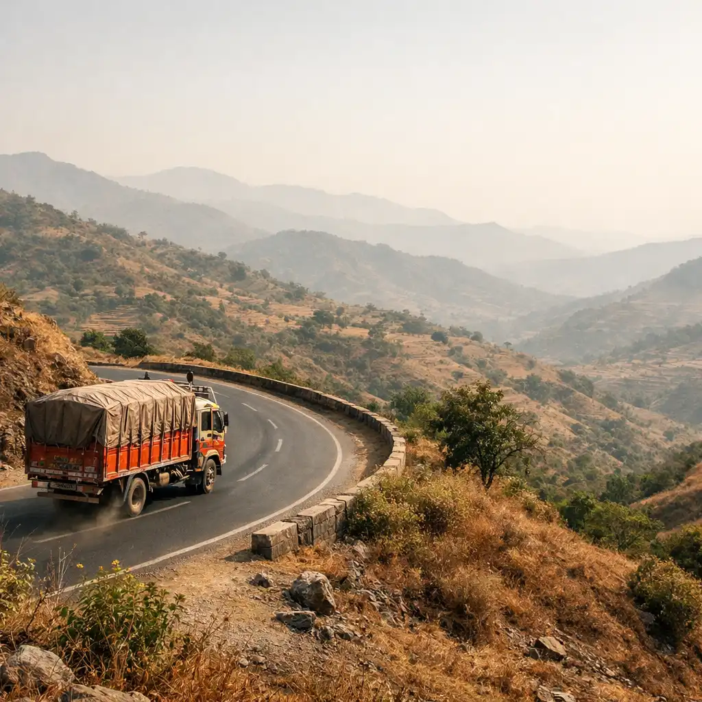 Editorial landscape image of a freight truck on a winding rural mountain road