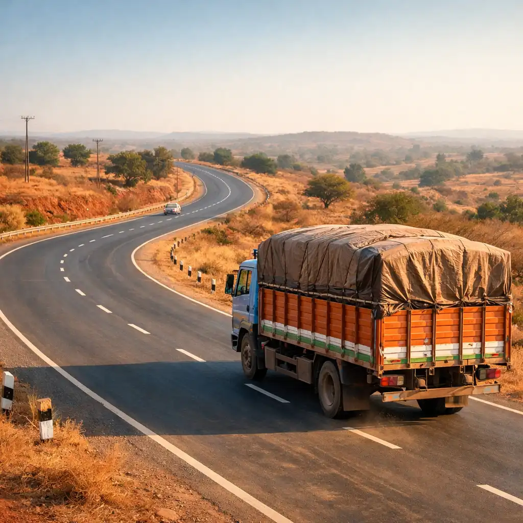 Editorial road context showing a cargo truck travelling on a broad highway through dry countryside.