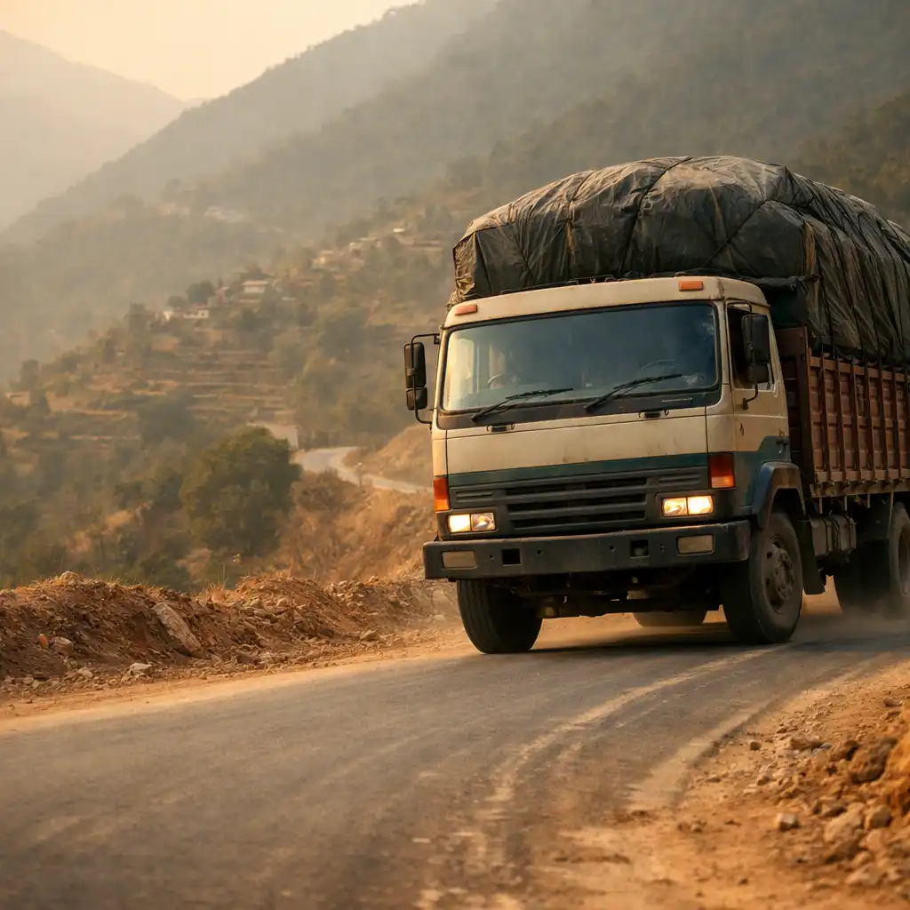 Editorial illustration of a heavy cargo truck travelling carefully along a rural mountain road.