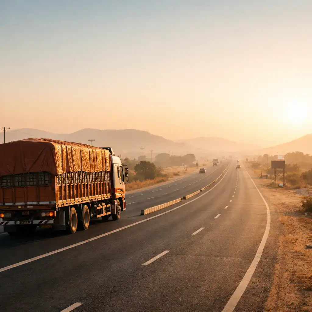 Editorial view of a cargo truck travelling on a broad highway through a warm open landscape.
