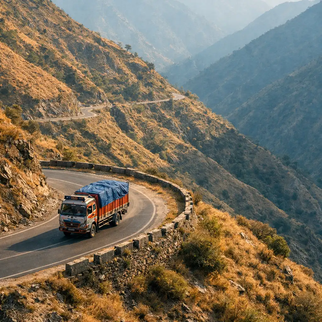 Editorial landscape of a cargo truck travelling around a mountain road curve.