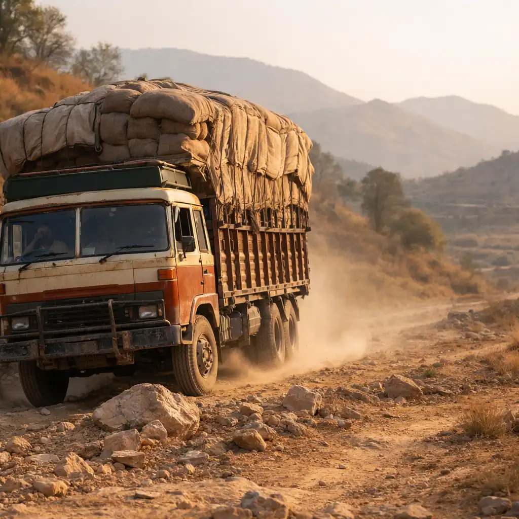 Editorial image of a loaded cargo truck moving carefully across an unpaved rural track.