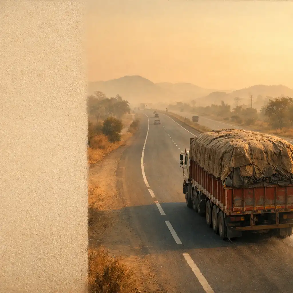 Editorial view of a generic cargo truck travelling on a broad road through a warm, hazy landscape.