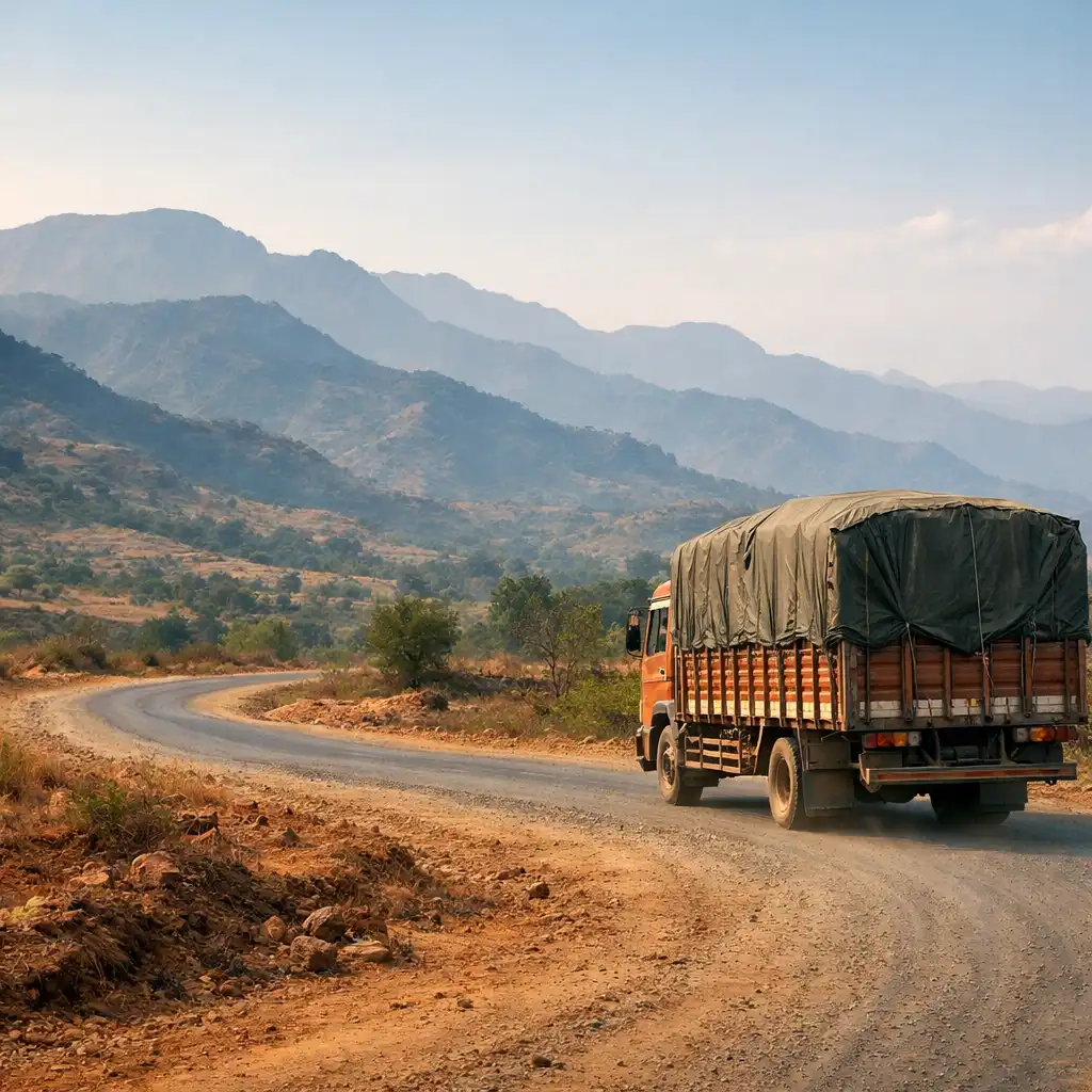 Editorial landscape of a generic covered cargo truck on a rural road with mountain foothills in the distance.