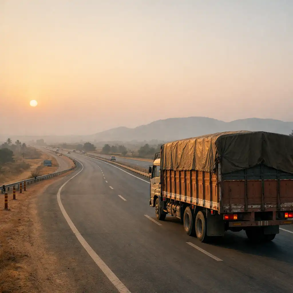 Editorial illustration of a cargo truck following a broad sunlit highway toward low hills.